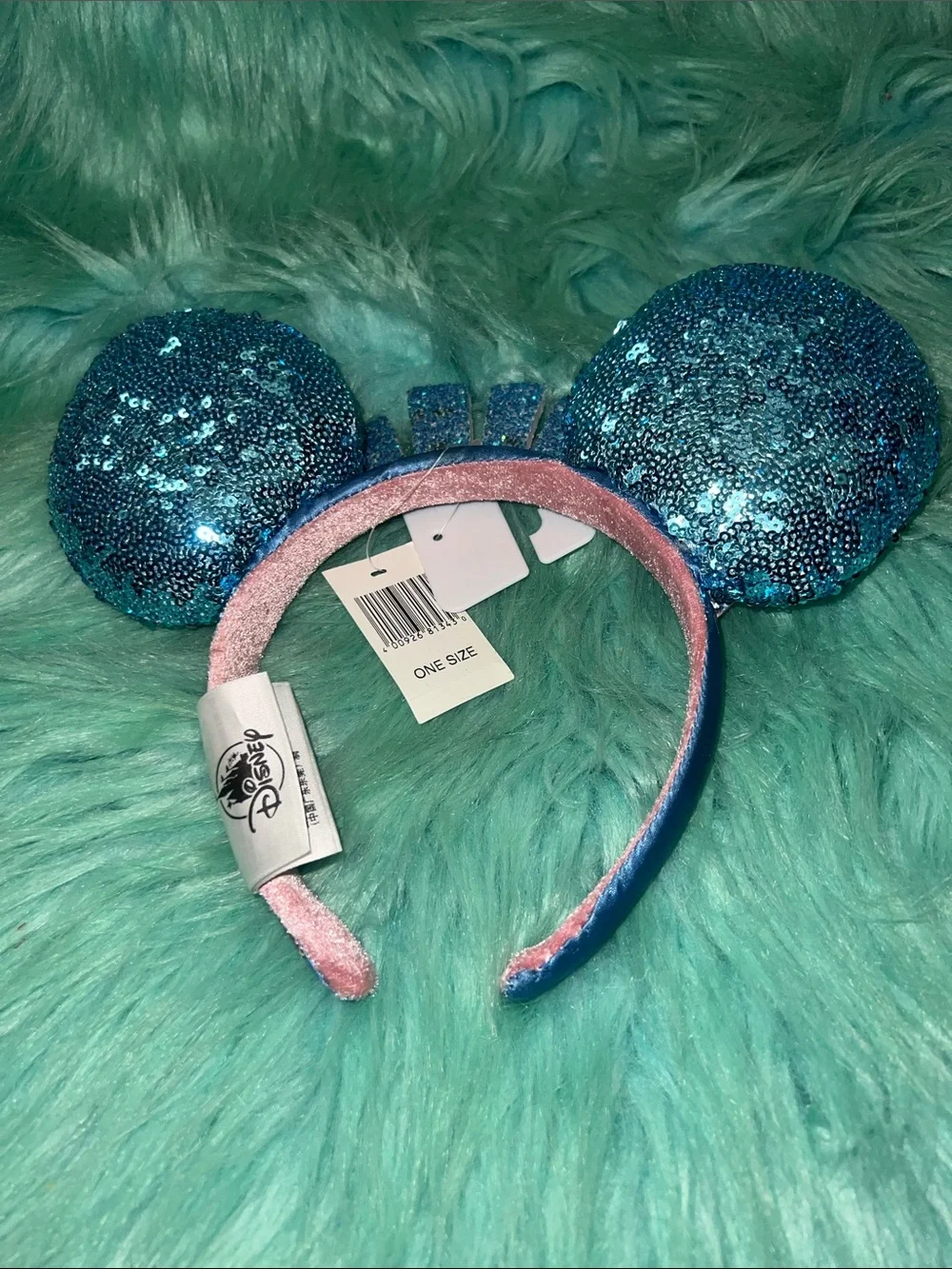 NWT Disney Teal Sequin marquee Minnie Ear Headband Happiest Place On Earth